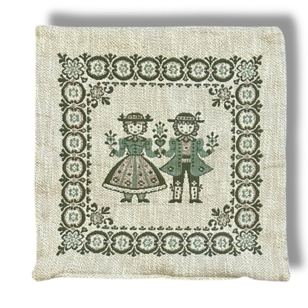 Vintage Austrian Folk Woven Square Pillow Case Boy Girl Beige Green Oktoberfest